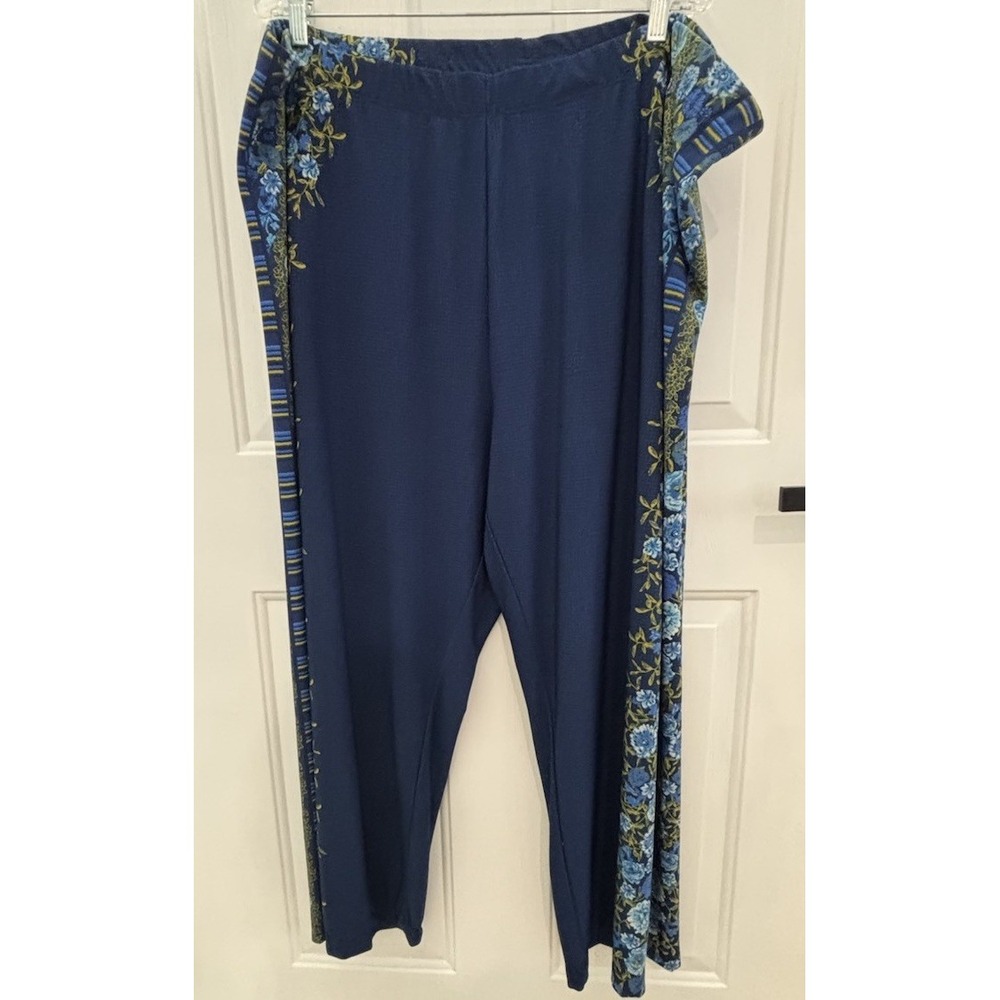 Susan Graver Pants Womens 3X Navy Blue Floral Side Stripe Pull On Plus Stretch - Picture 2 of 6